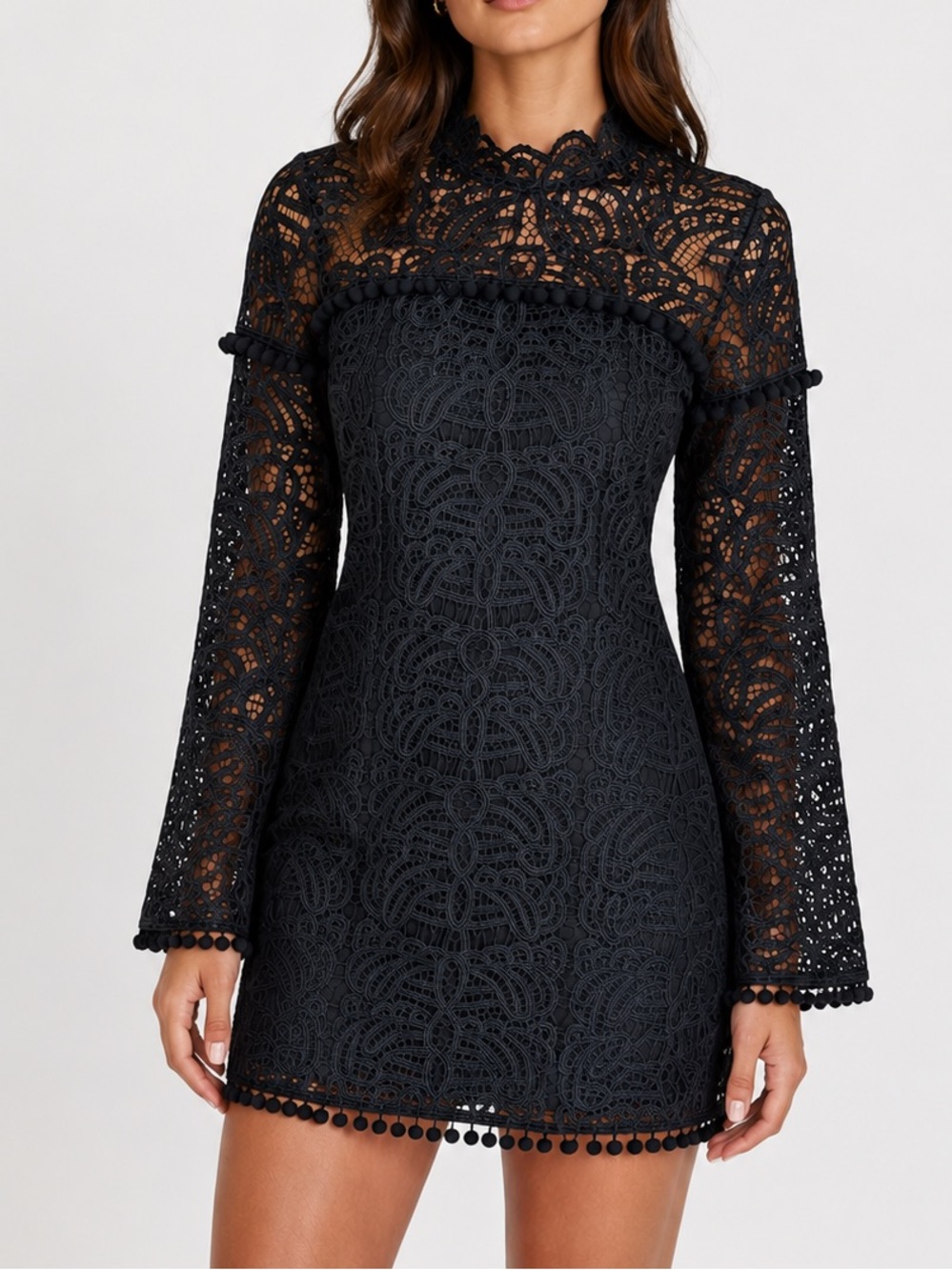 Tularosa Matilda Black Lace Mini Dress Sheer Bell Sleeve Size XS